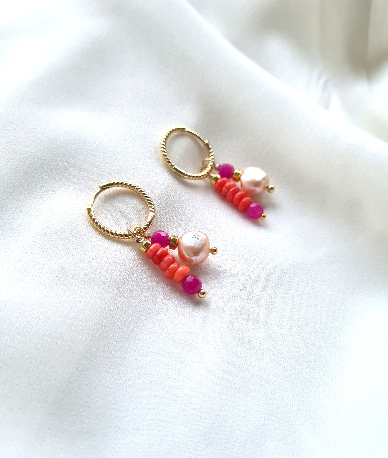 Oorbellen Double love, roze parel, koraal