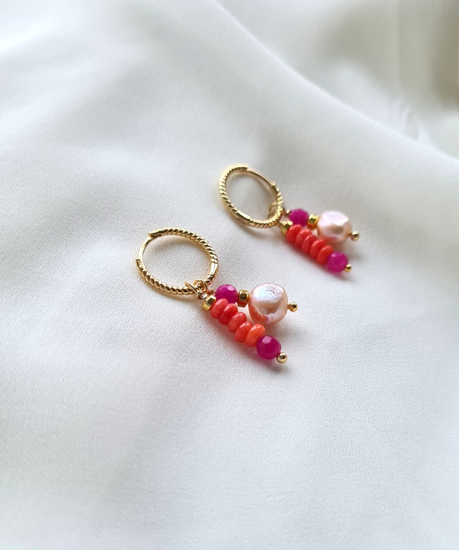 Oorbellen Double love, roze parel, koraal