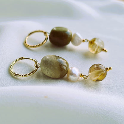 Oorbellen Green Olives, groene opaal, toermalijn, parel