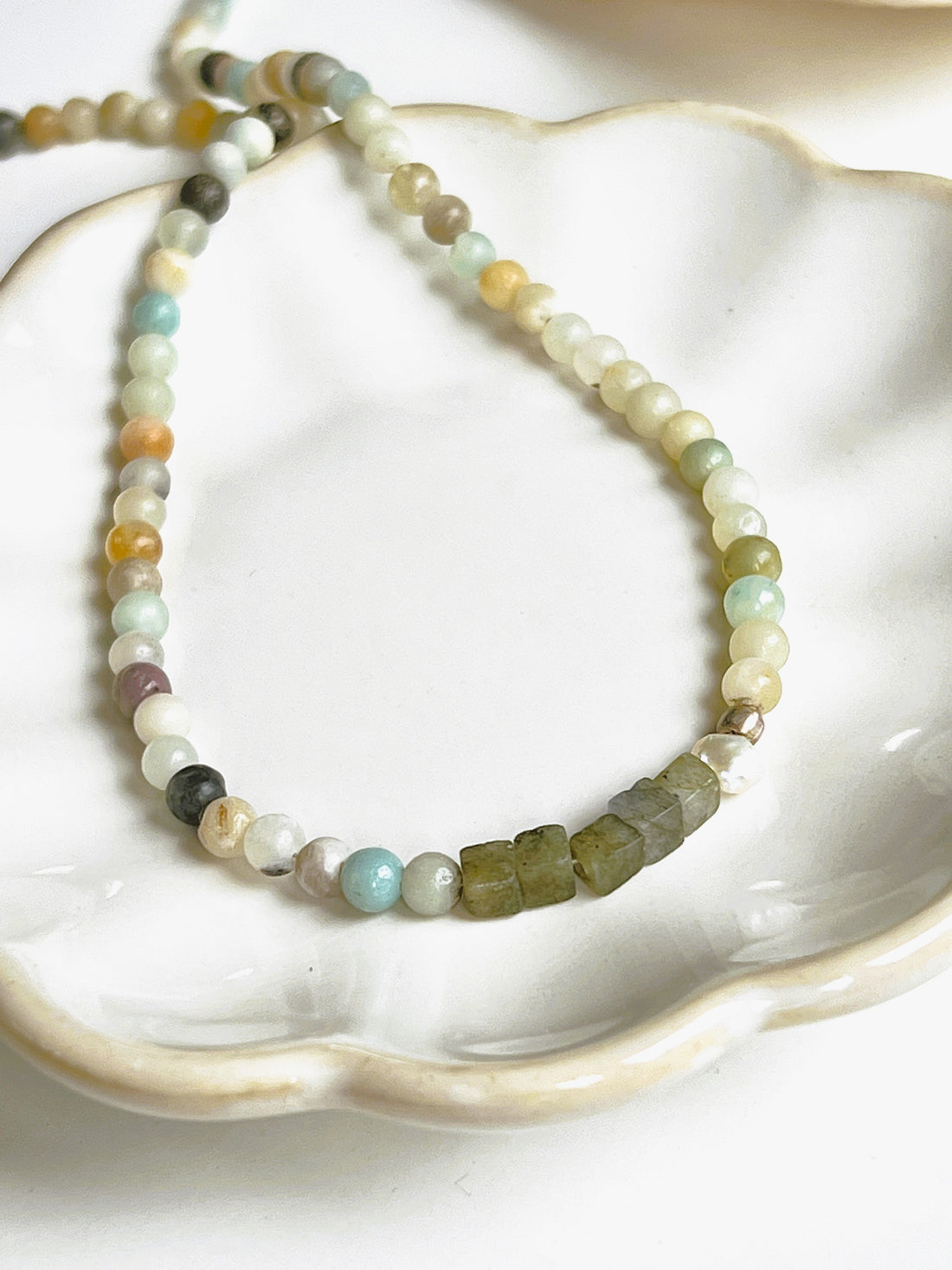 Ketting  Liefde &amp; Vriendschap, amazoniet, labradoriet, parel