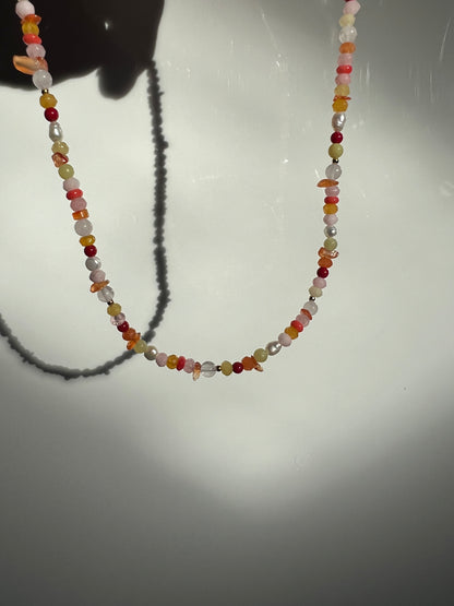 Ketting Adventure, koraal, parel, rozekwarts, carneool, agaat