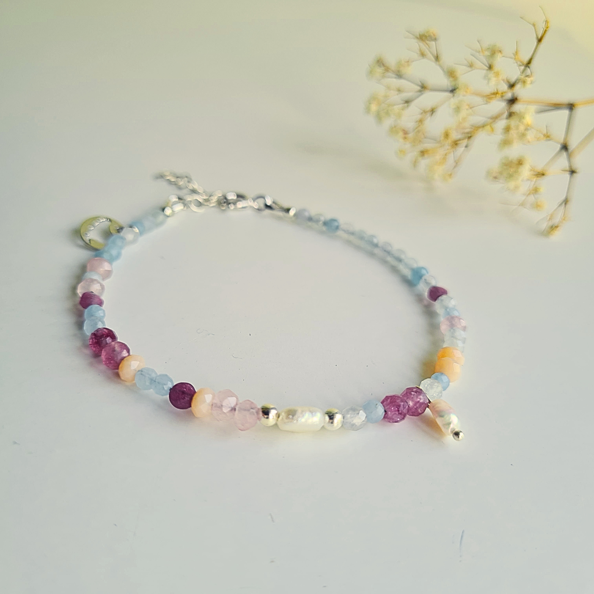 Armband Shades of Heaven, aquamarijn, toermalijn, parel