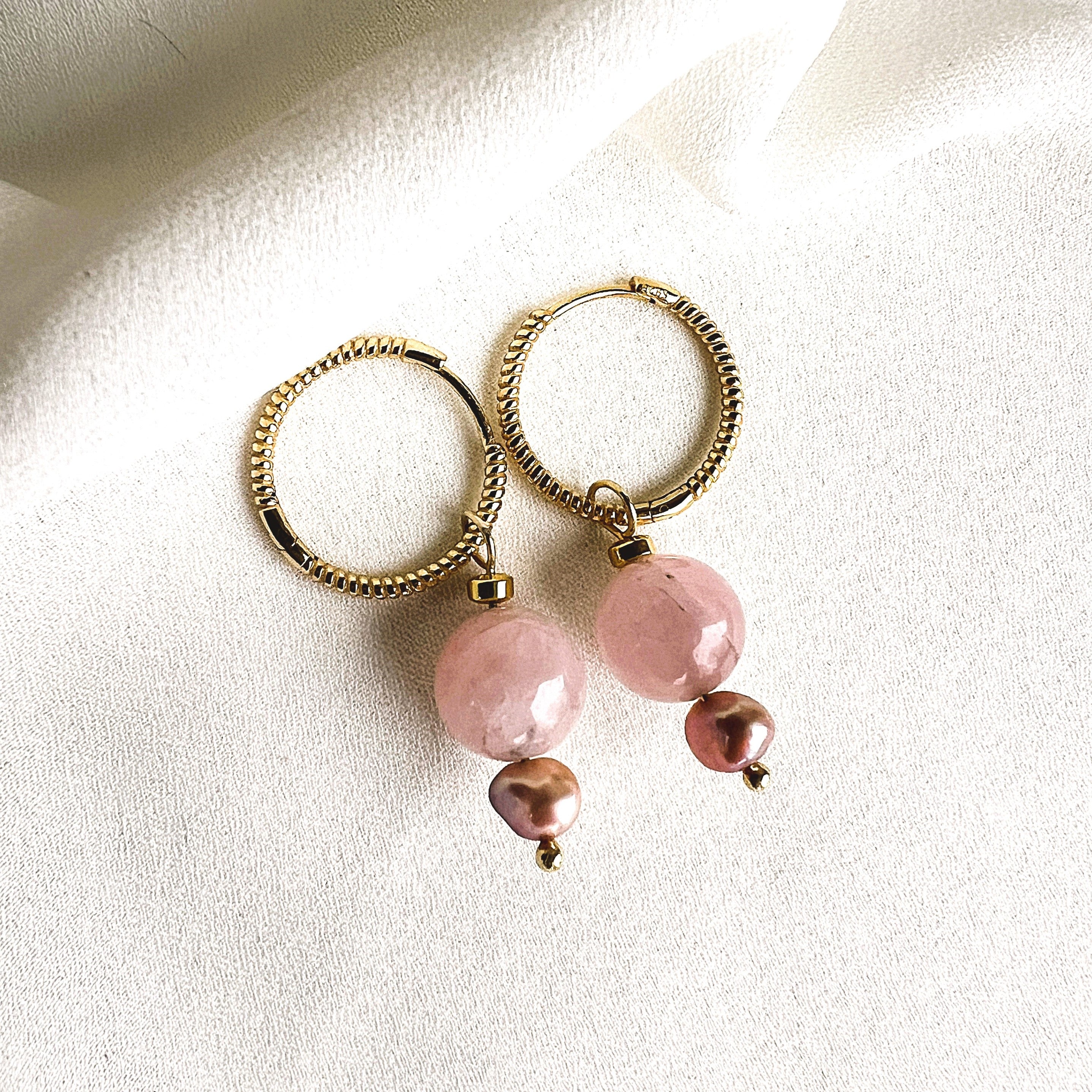 Oorbellen Pink Pearls, roze parel, rozekwarts