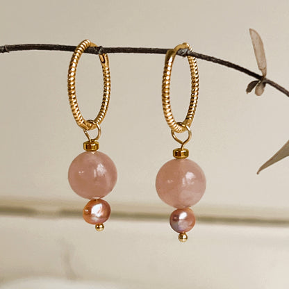 Oorbellen Pink Pearls, roze parel, rozekwarts