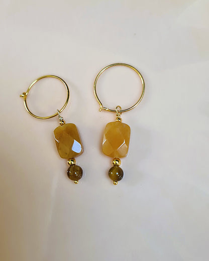 Oorbellen Bonne Chance, gele jade, gouden tijgeroog