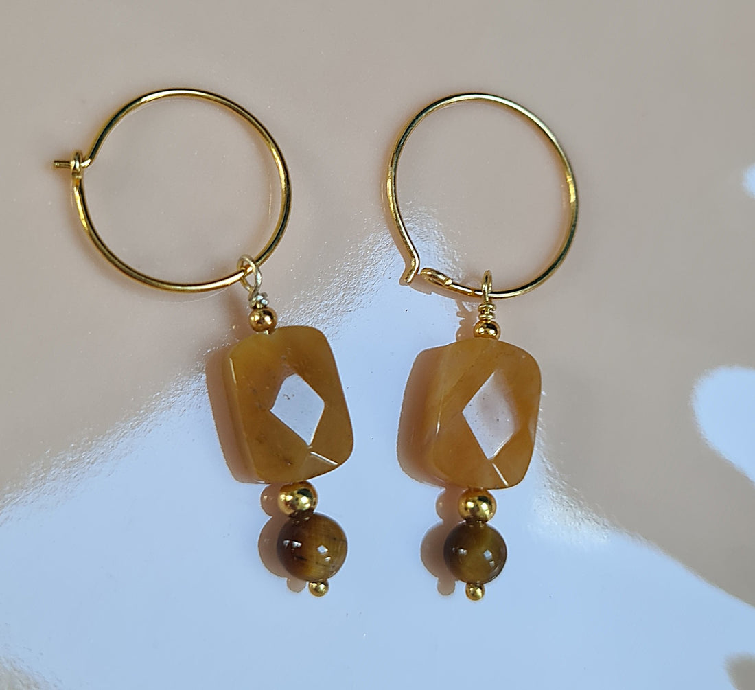 Oorbellen Bonne Chance, gele jade, gouden tijgeroog