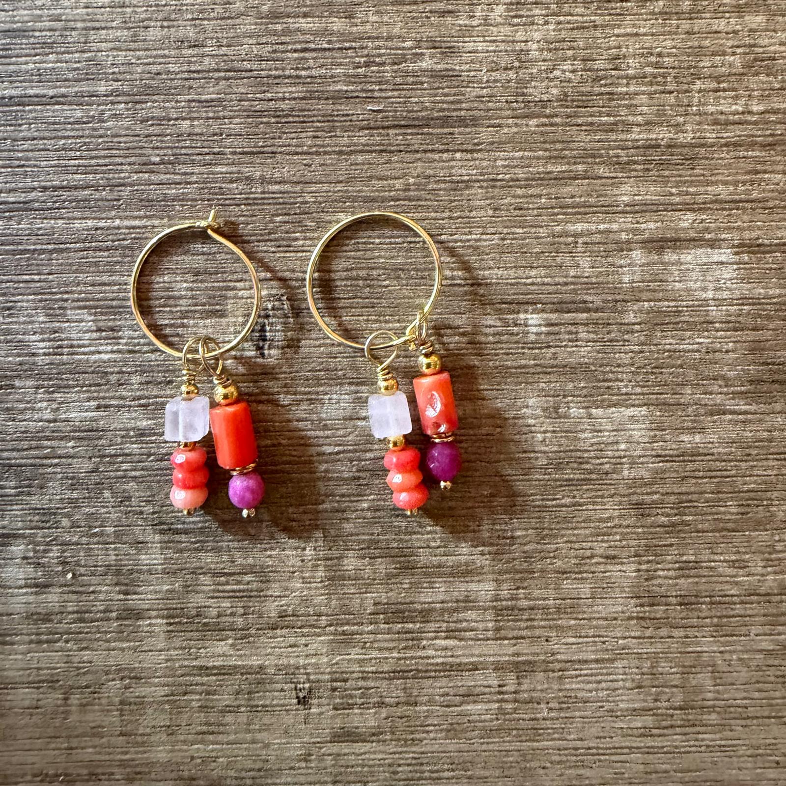 Oorbellen Lucky Day, roze jade, koraal, rozekwarts