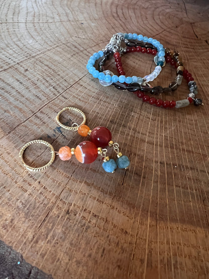 Oorbellen Bisous, carneool, blauwe toermalijn, calciet