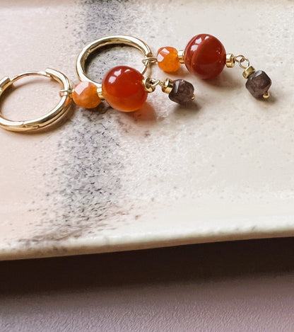 Oorbellen Warm Fire, oranje carneool, bruine toermalijn