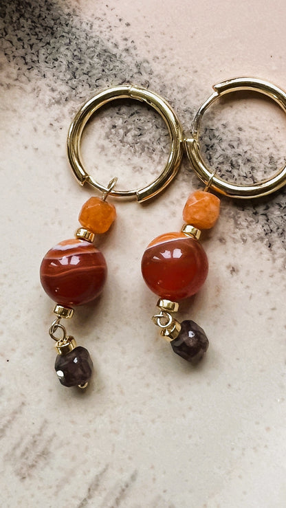 Oorbellen Warm Fire, oranje carneool, bruine toermalijn