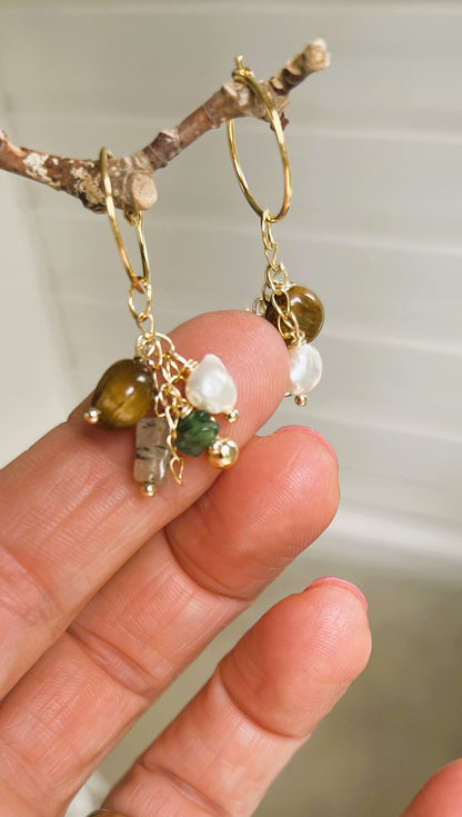 Oorbellen Glorious Green, parel, tijgeroog, groene jade, labradoriet