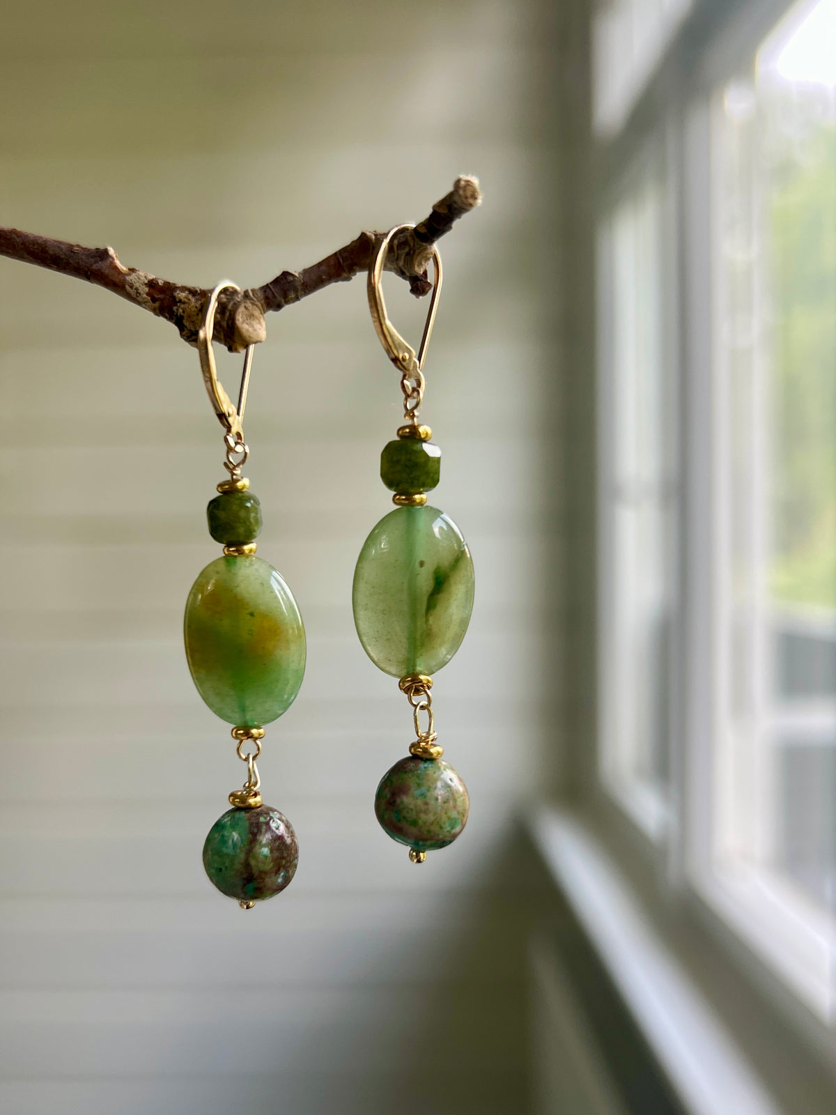 Oorbellen Green Touch, groene agaat, toermalijn