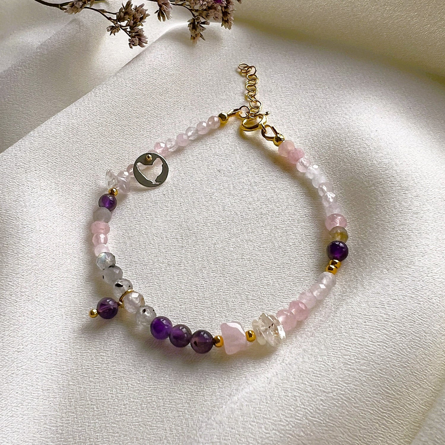 Armband Golden Triangle, rozekwarts, amethist, bergkristal