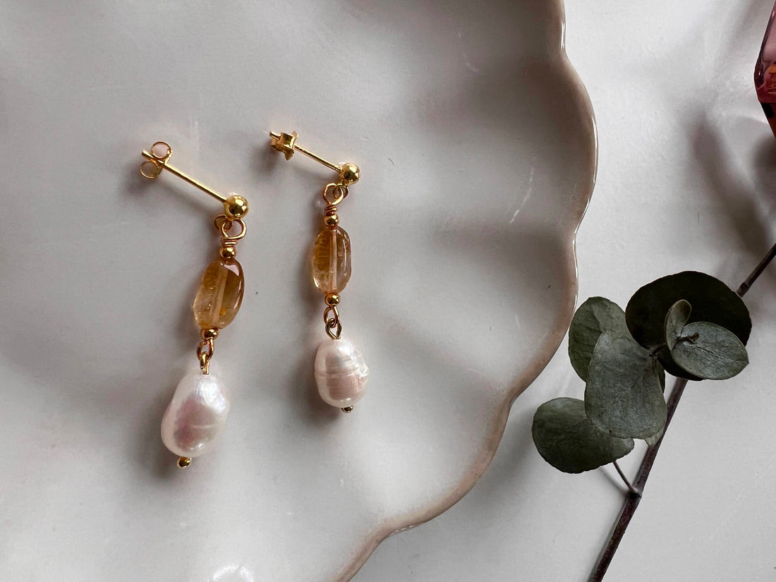 Oorbellen Little Angels, citrien, parel