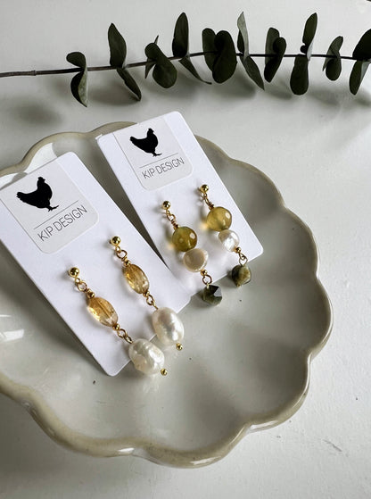 Oorbellen Little Olives, groene agaat, tijgeroog, parel