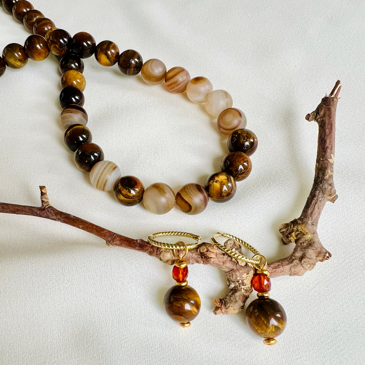 Set Golden Brown, ketting&amp;oorbellen tijgeroog, agaat