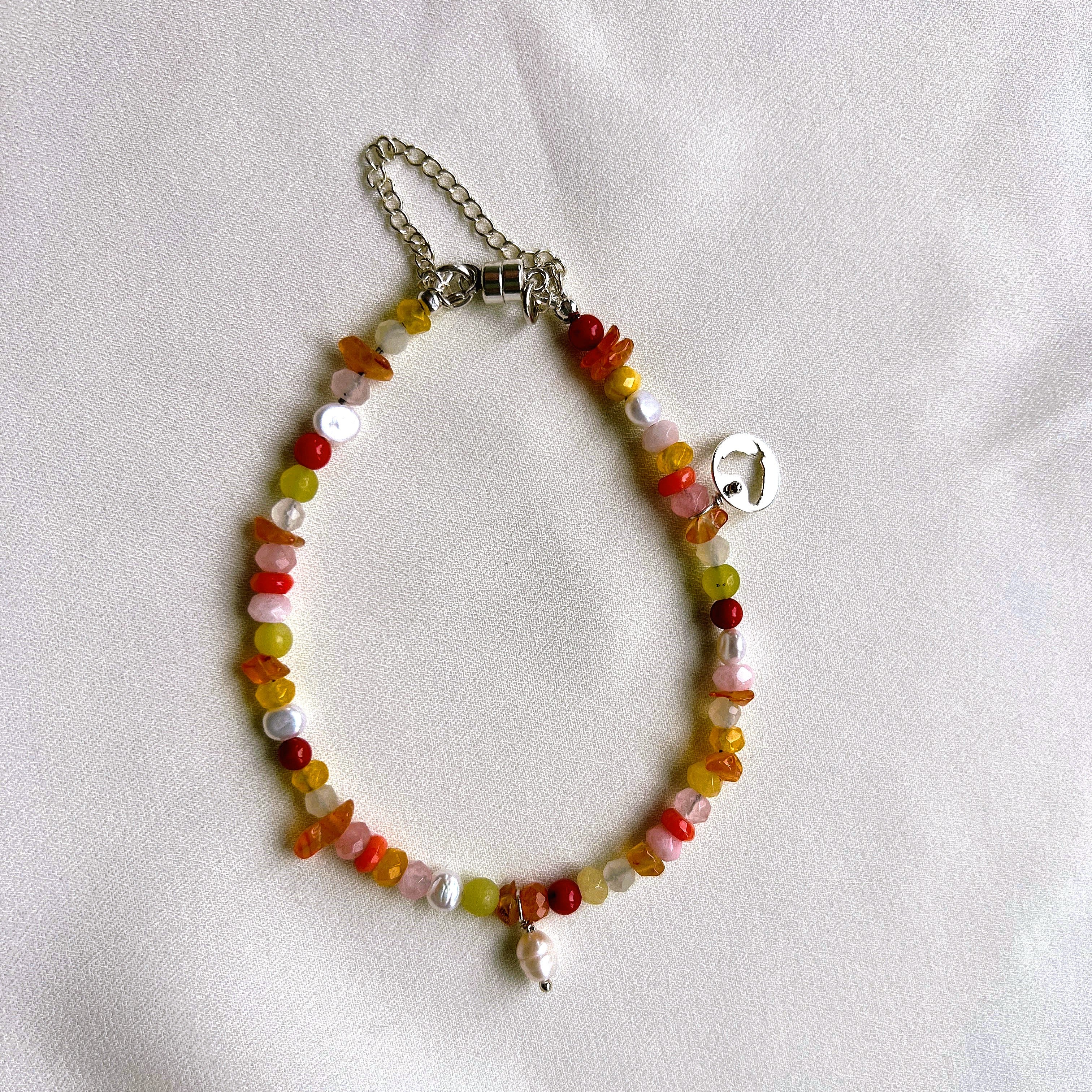 Armband Adventure, koraal, parel, rozekwarts, carneool, agaat