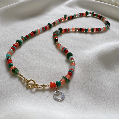 Ketting In Bloom, malachiet, amazoniet, koraal