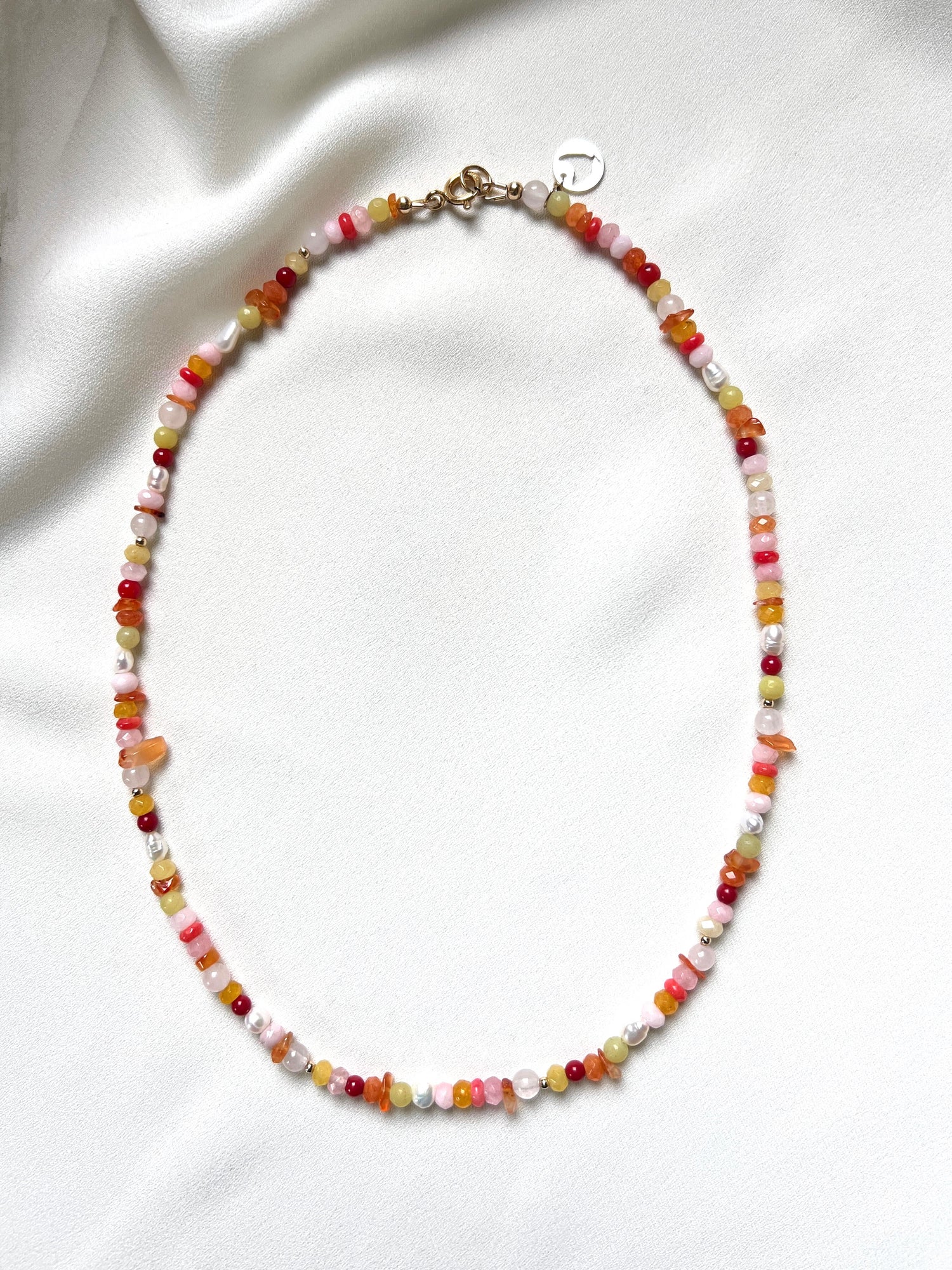 Ketting Adventure, koraal, parel, rozekwarts, carneool, agaat