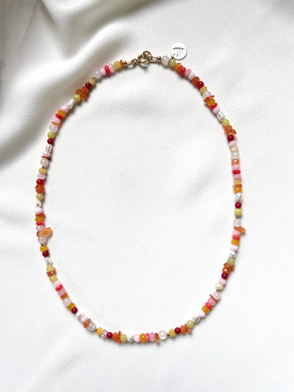 Ketting Adventure, koraal, parel, rozekwarts, carneool, agaat