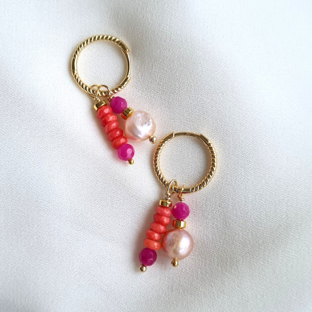 Oorbellen Double love, roze parel, koraal