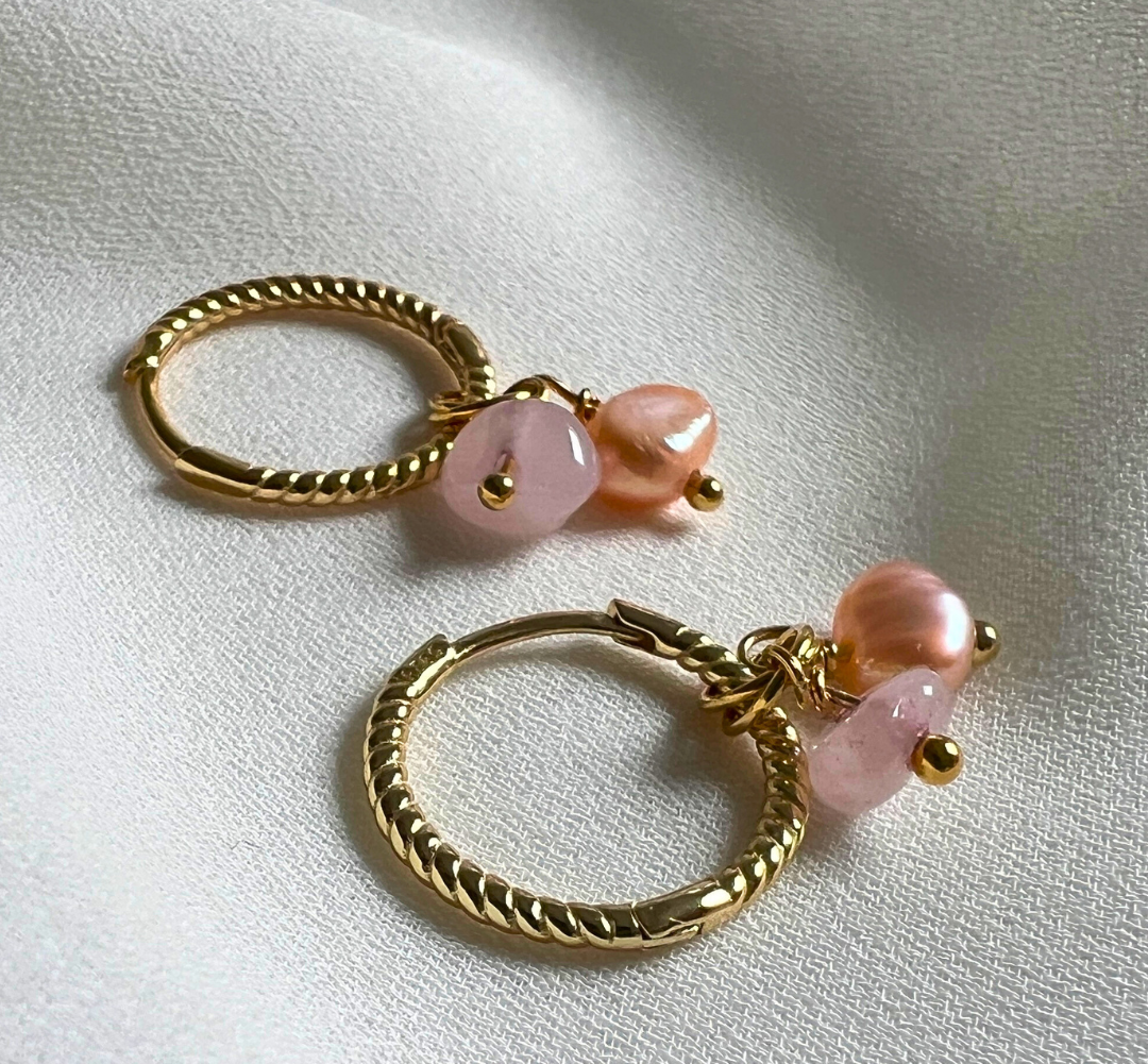 Set Armband  &amp; oorbellen Fresh Roses, roze parel, rozekwarts