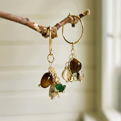 Oorbellen Glorious Green, parel, tijgeroog, groene jade, labradoriet