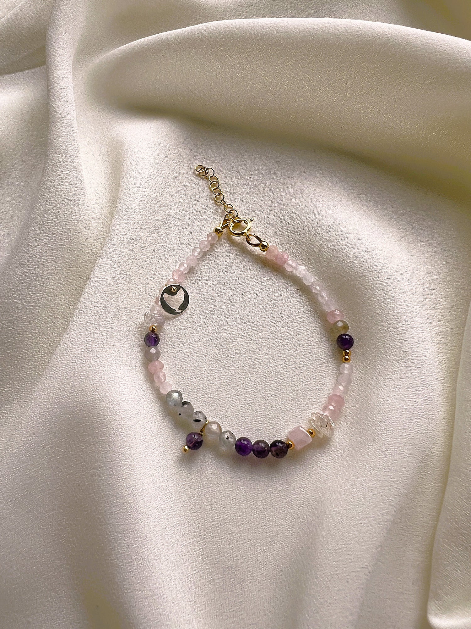 Armband Golden Triangle, rozekwarts, amethist, bergkristal