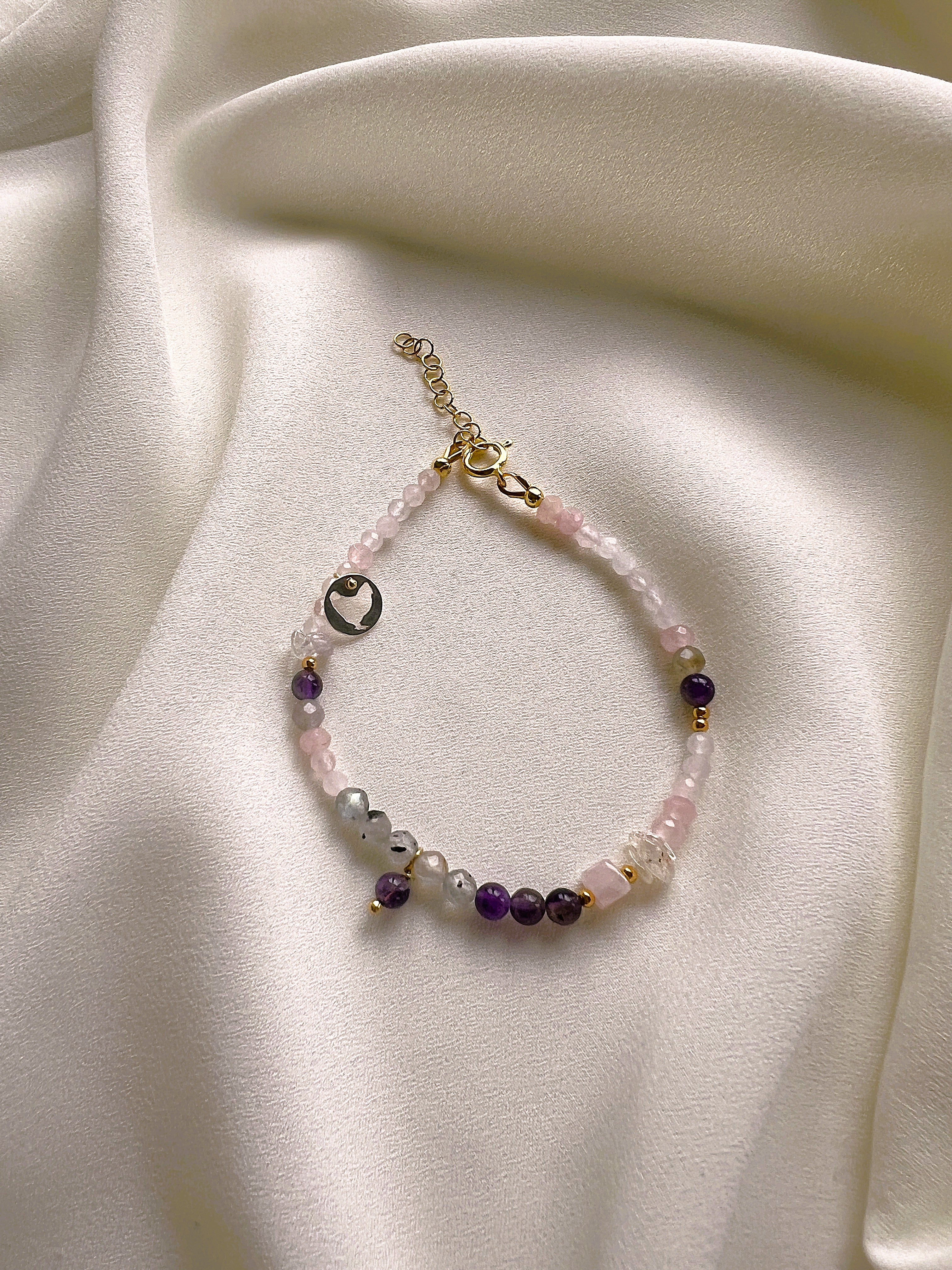 Armband Golden Triangle, rozekwarts, amethist, bergkristal