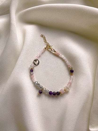 Armband Golden Triangle, rozekwarts, amethist, bergkristal