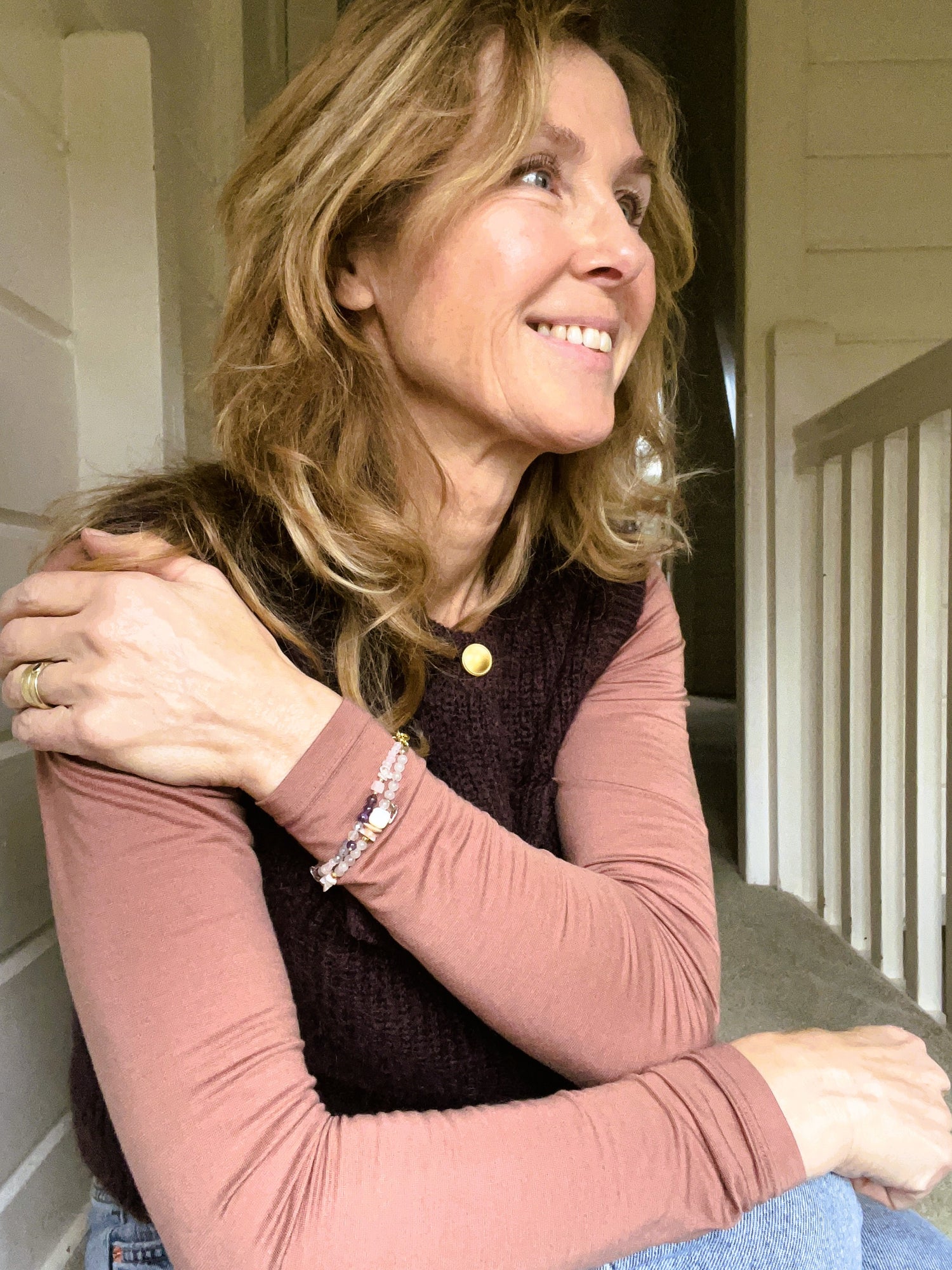 Armband Golden Triangle, rozekwarts, amethist, bergkristal