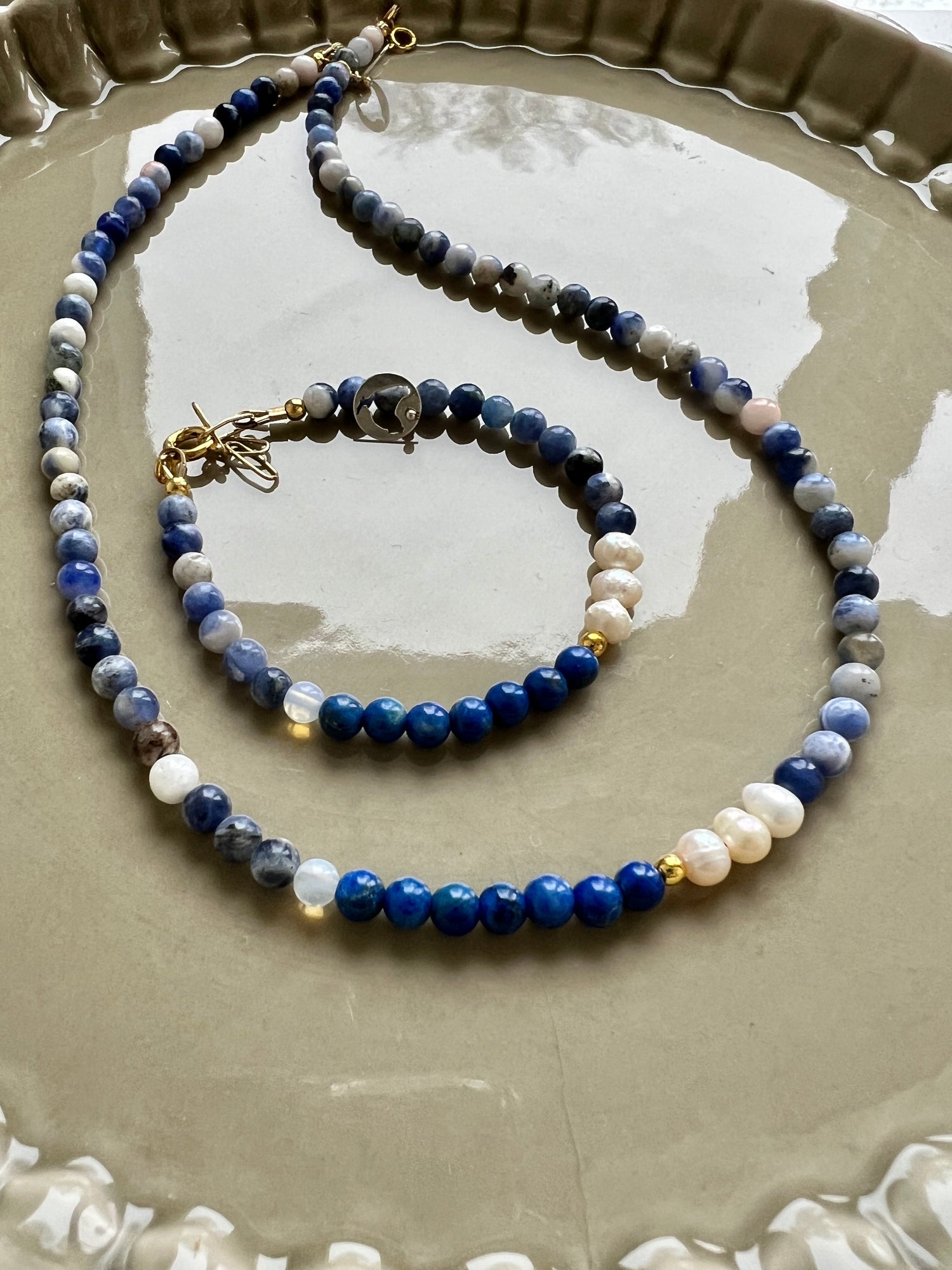 Set: Armband &amp; Ketting Happy Blues, lapis lazuli, parel, sodaliet