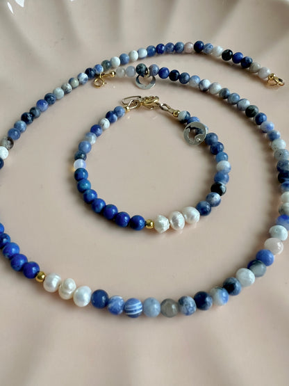 Set: Armband &amp; Ketting Happy Blues, lapis lazuli, parel, sodaliet