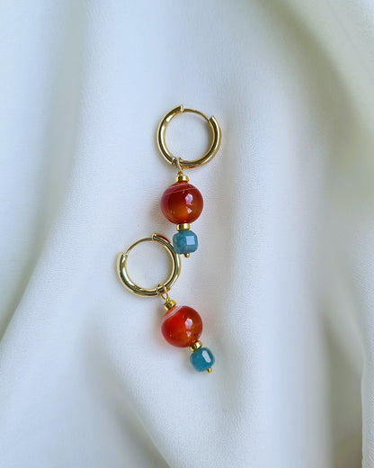 Oorbellen Orange &amp; Bleu, carneool, blauwe toermalijn