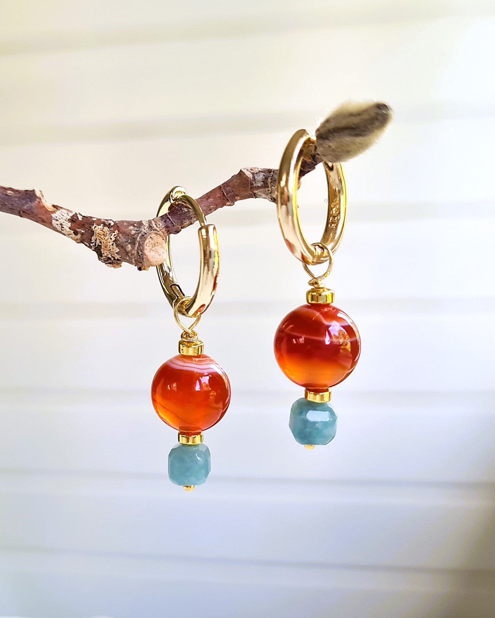 Oorbellen Orange &amp; Bleu, carneool, blauwe toermalijn