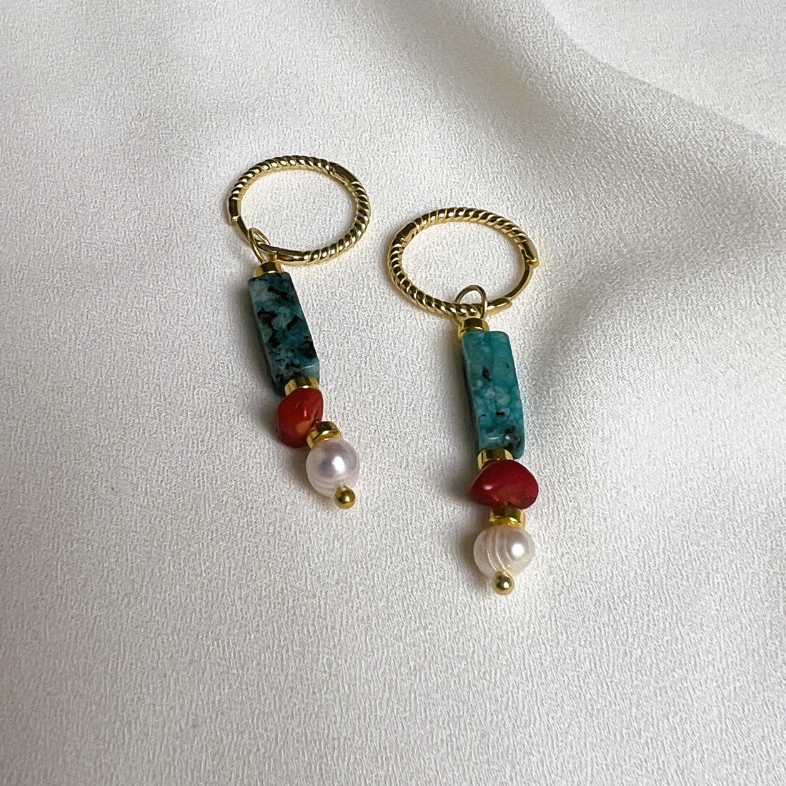 Oorbellen Ocean Water, turquoise, koraal, parel