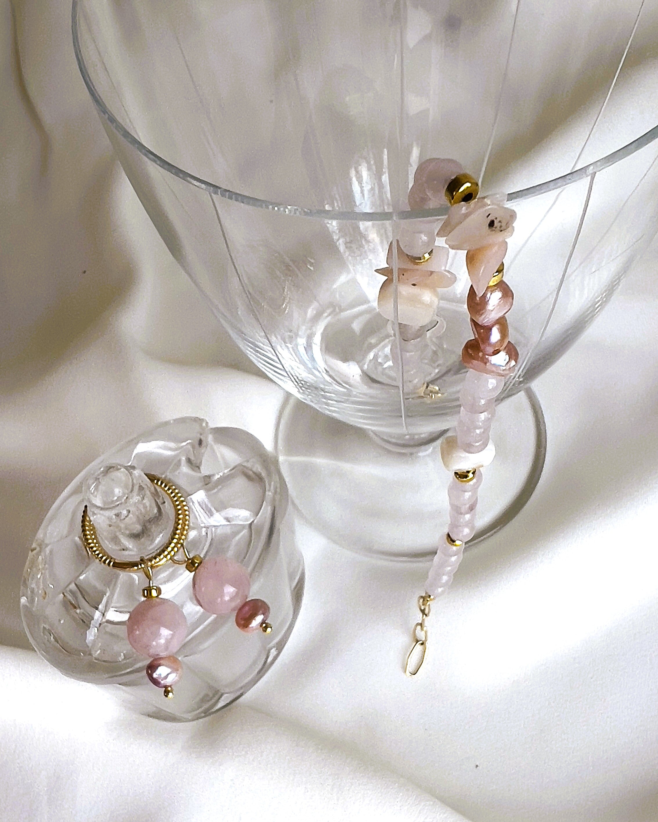 Oorbellen Pink Pearls, roze parel, rozekwarts