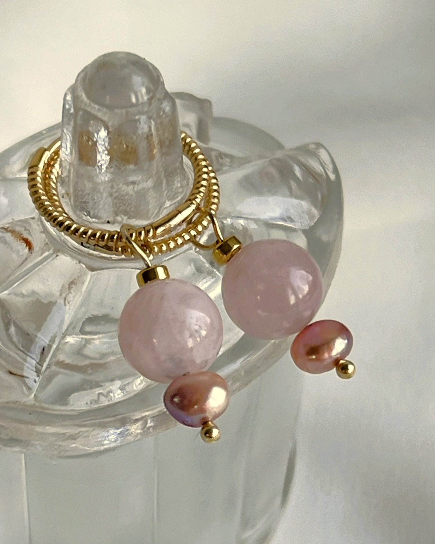 Oorbellen Pink Pearls, roze parel, rozekwarts