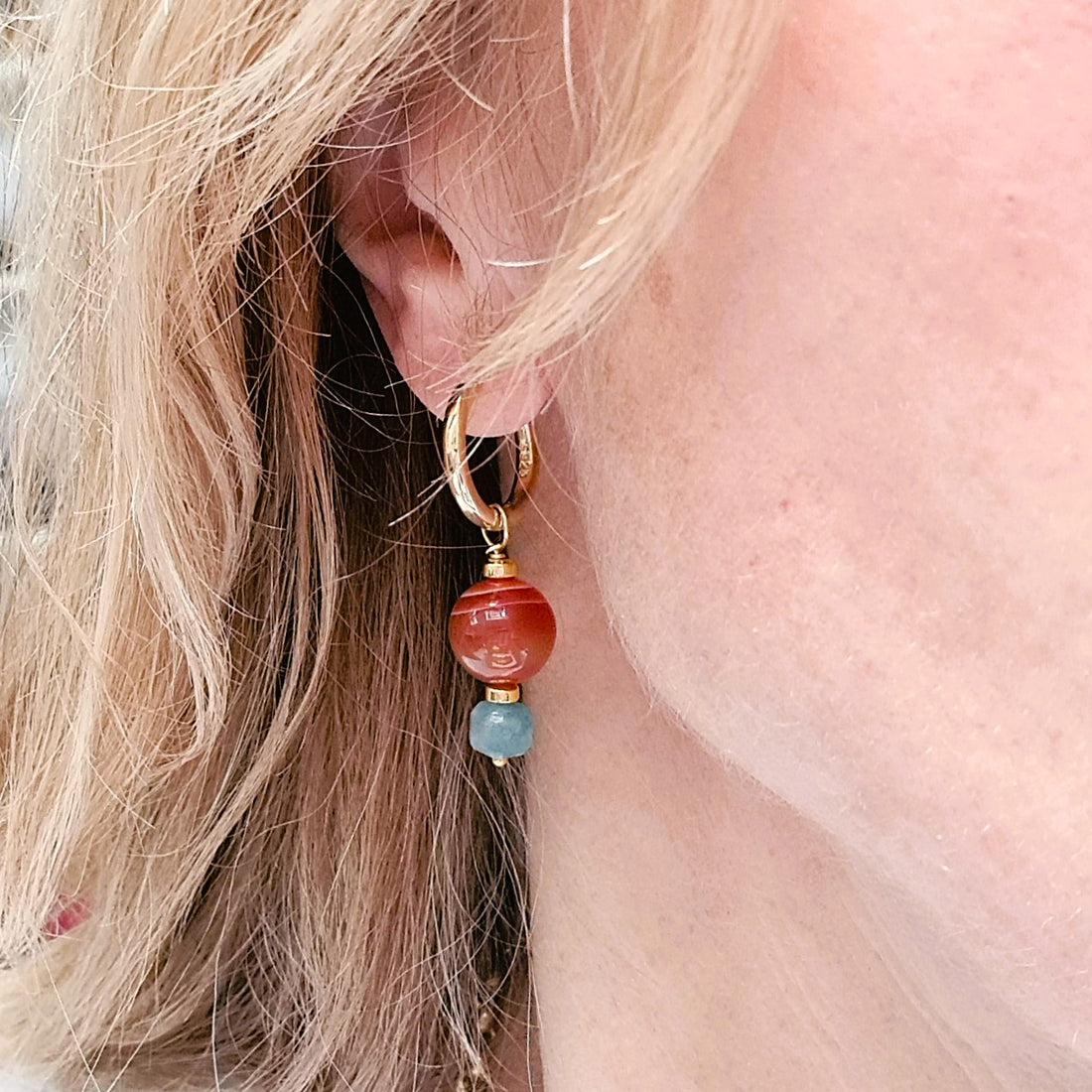 Oorbellen Orange &amp; Bleu, carneool, blauwe toermalijn