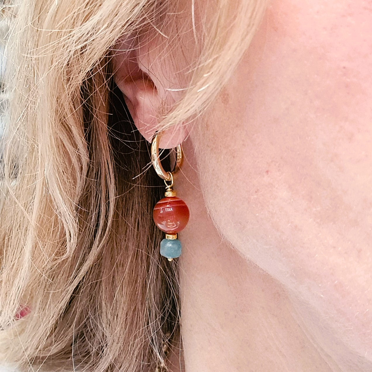Oorbellen Orange &amp; Bleu, carneool, blauwe toermalijn