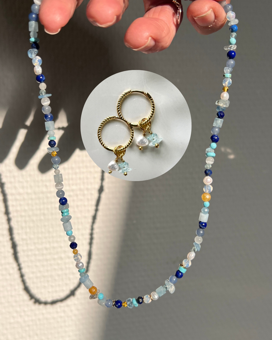 Set oorbellen &amp; ketting In Blue, aquamarijn, parel