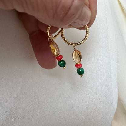 Oorbellen Soft Light, citrien, malachiet, koraal