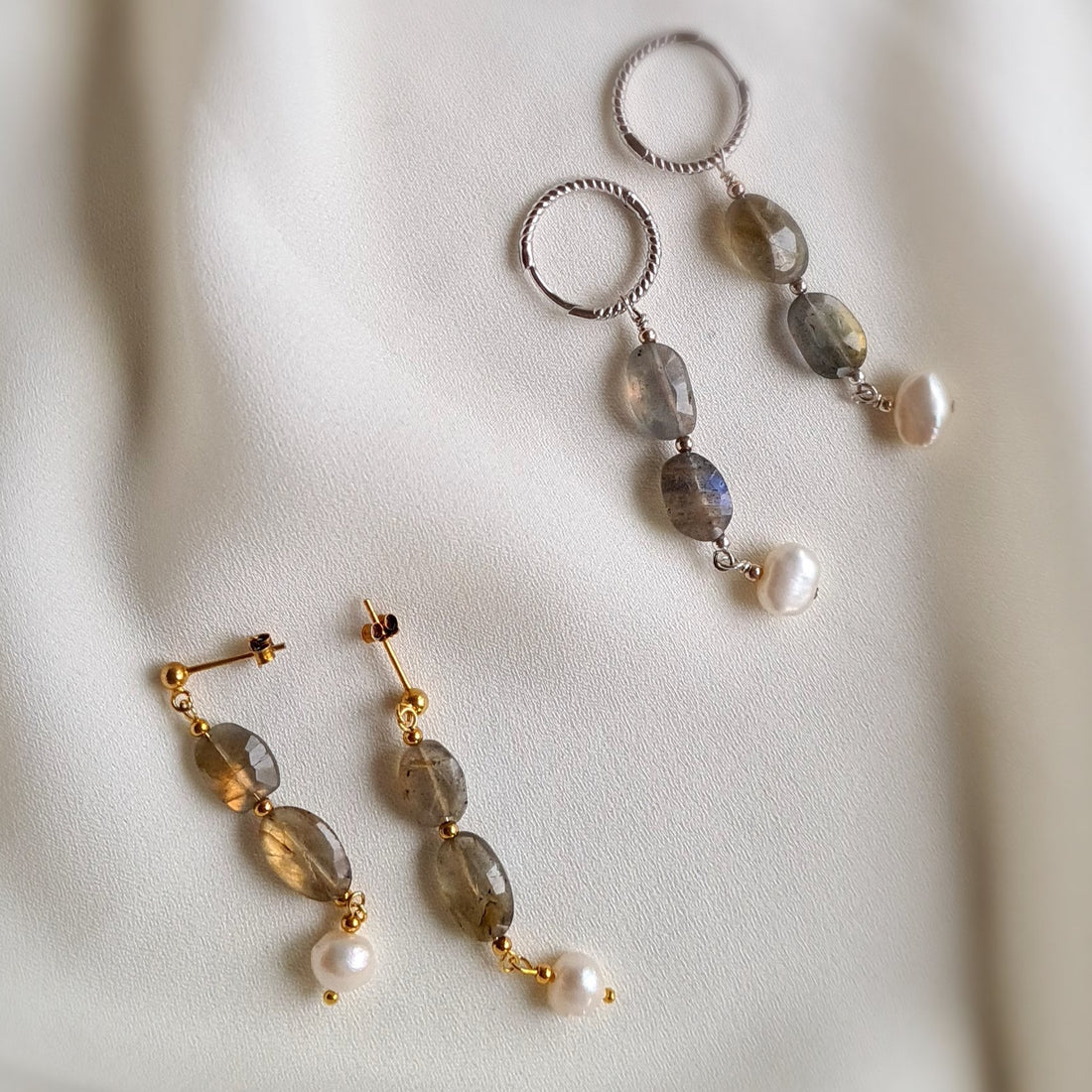 Oorbellen So True, labradoriet, parel