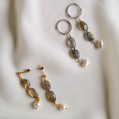 Oorbellen So True, labradoriet, parel