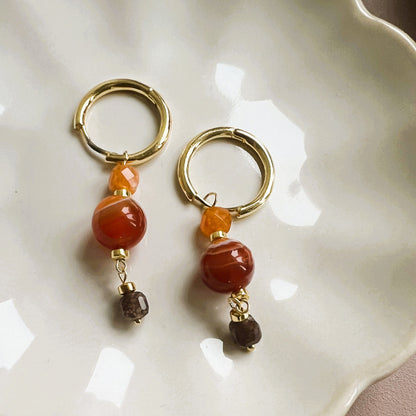 Oorbellen Warm Fire, oranje carneool, bruine toermalijn