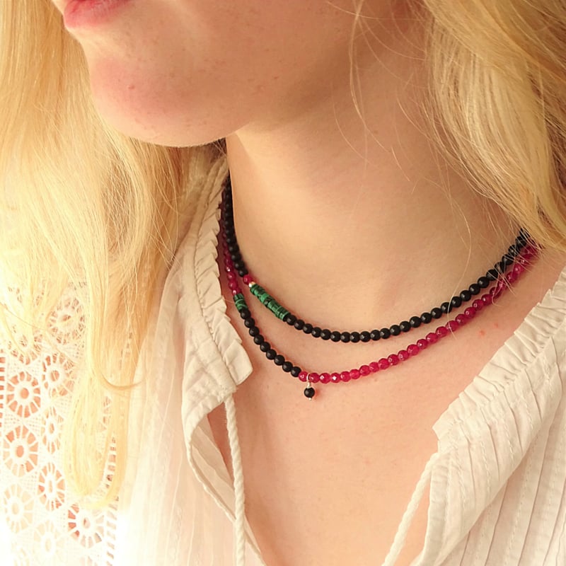 Set Kettingen  Farrah, zwarte onyx, roze agaat, groene malachiet